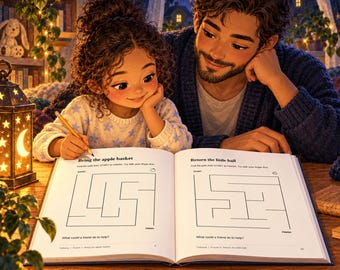 Könnte beinhalten: Ein aufgeschlagenes Aktivitätsbuch mit zwei Labyrinth-Rätseln mit den Titeln Bring the apple basket und Return the little ball. Die Seiten enthalten schwarze Strichzeichnungen von quadratischen Labyrinthen mit Start- und Zielpunkten sowie den Text What could a friend do to help?