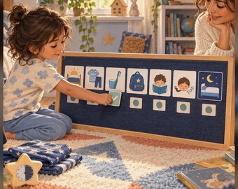 Könnte beinhalten: Ein visuelles Routine- und Flip-Set mit einem Holzbrett mit blauem Stoff, das illustrierte Karten für tägliche Aufgaben wie Aufwachen, Anziehen, Zähneputzen, Tasche packen, Lesen und Schlafen zeigt, ergänzt durch eine sternförmige Uhr.