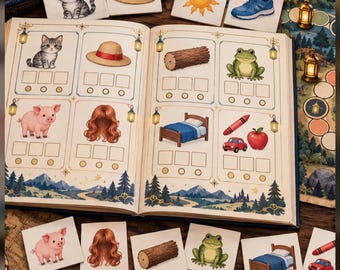 Könnte beinhalten: Ein offenes Lernbuch mit dem Titel Lantern Word Families: CVC Phonics Quest mit Illustrationen von Katze, Hut, Holzstamm, Frosch, Schwein, Haar, Bett, Buntstift, Auto und Apfel. Die Seiten enthalten leere Kästchen und kleine Laternen-Symbole.