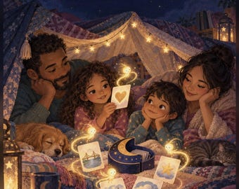 Könnte beinhalten: Ein digitales PDF-Set mit dem Titel Telliwisp Moonlight Family Conversation Cards mit 24 Seiten. Die Illustration zeigt eine Familie mit Hund und Katze in einer Deckenhöhle, die Karten mit Abbildungen von Herzen, Brücken und Wolken verwendet.