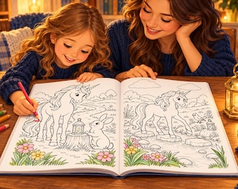 Könnte beinhalten: Ein aufgeschlagenes Malbuch mit Strichzeichnungen von Einhörnern, einem Hasen und Blumen auf beiden Seiten. Das Buch liegt auf einem Holztisch neben einem Becher mit Buntstiften und einer kleinen goldenen Laterne mit brennender Kerze.