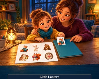 Könnte beinhalten: Ein druckbares Blatt mit sechs Illustrationen von Waldtieren, darunter ein Fuchs, ein Hase, ein Bär, eine Eule, ein Eichhörnchen und ein Igel. Der Text lautet Little Lantern Brave Moments & Kind Words Telliwisp | Printable PDF + PNG | No physical items.