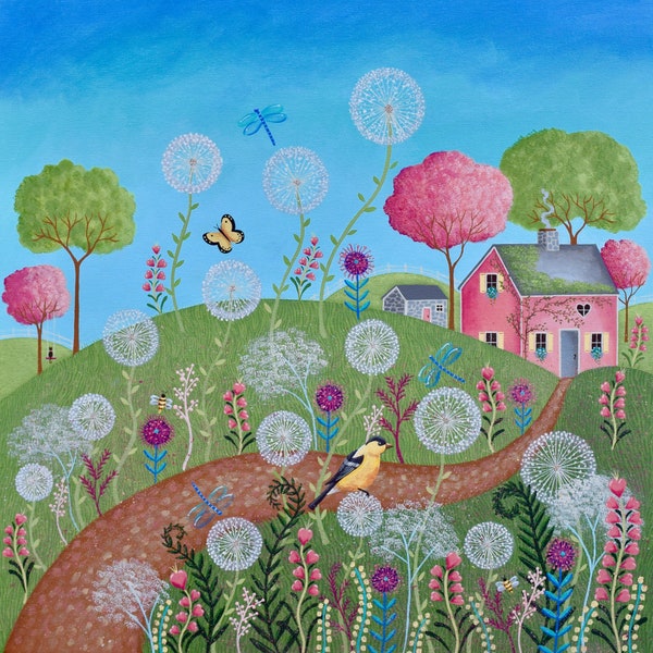 10x10" Hand-Signed Giclee Print - Wildflower Cottage Folk Art by Mary Charles