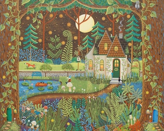10x10" Hand-Signed Giclee Print - Fern Forest Folk Art by Mary Charles
