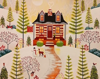 8x10" Cabin in the Pines - Folk Art Print by Mary Charles