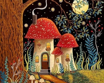 8x10" Toadstool Cottage - Folk Art Print by Mary Charles