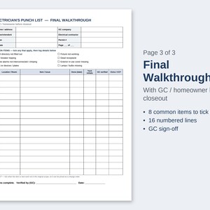May include: A white document titled Electrician's Punch List - Final Walkthrough with fields for job details, a checklist of 8 common electrical items, and a table with 16 numbered rows for logging issues, tech initials, and GC verification.