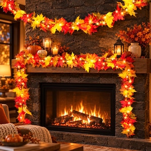 9 Ft Pre Lit Fall Garland with 50 Orange Lights, Lush Maple Leaf Autumn Garland for Thanksgiving, Halloween & Fireplace Decor