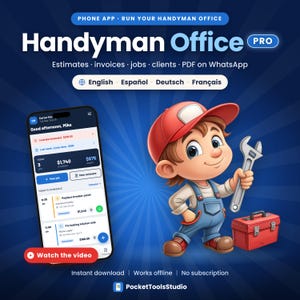 May include: A digital advertisement for Handyman Office Pro software featuring a smartphone displaying a job management interface, a cartoon character in a red cap and blue overalls holding a silver wrench, and a red toolbox on a blue background.