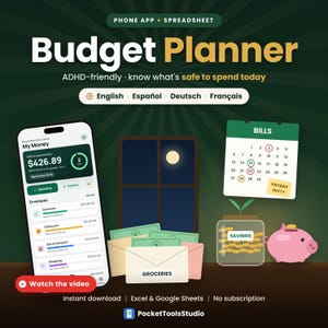 Puede incluir: Un conjunto de planificador de presupuesto digital con una interfaz de aplicación móvil que muestra datos financieros, un calendario de facturas, una hucha de cerdito rosa, un frasco de ahorros con monedas y sobres etiquetados Groceries.