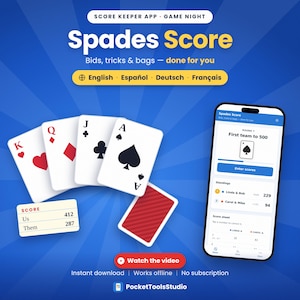 Op de afbeelding: Een digitale weergave voor de Spades Score-app met een smartphone die de tussenstanden, een scoreblad en ronde-informatie toont. De afbeelding bevat speelkaarten, een scorekaart met 412 en 287, en de tekst Score Keeper App.