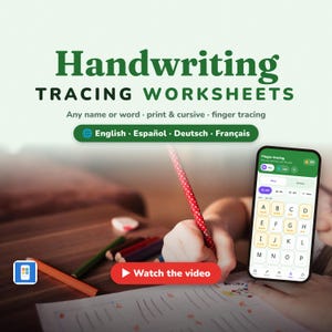 Puede incluir: Hojas de trabajo de caligrafía con el texto Handwriting TRACING WORKSHEETS, Any name or word, print & cursive, finger tracing, English, Español, Deutsch, Français y Watch the video. Un teléfono inteligente muestra una aplicación de alfabeto.