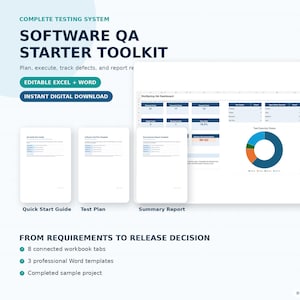 Puede incluir: Un producto digital Software QA Starter Toolkit que incluye un panel con gráficos, una guía de inicio rápido, un plan de pruebas y un informe de resumen. El texto incluye Complete Testing System, Software QA Starter Toolkit, Editable Excel + Word, Instant Digital Download y From Requirements to Release Decision.