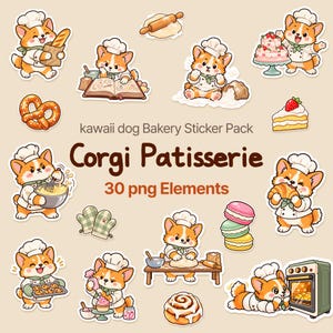 Pode incluir: Um pacote de adesivos digitais com cães Corgi em estilo cartoon vestidos de padeiros, com o texto kawaii dog Bakery Sticker Pack, Corgi Patisserie e 30 png Elements. O conjunto inclui ilustrações de Corgis a cozinhar, doces e utensílios.