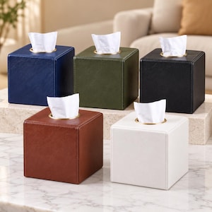 Square PU Leather Tissue Box Cover, Gold-Tone Detail, Modern Home Decor