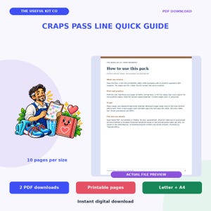 Puede incluir: Una guía rápida digital en PDF de Craps Pass Line que incluye un personaje de dibujos animados con un portapapeles, un cuaderno rojo con un corazón, zapatillas azules y un vaso de agua, junto a un documento titulado How to use this pack.