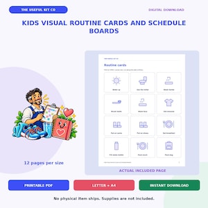 May include: A digital download of kids visual routine cards and schedule boards by The Useful Kit Co. The printable PDF includes 12 pages per size in Letter and A4 formats, featuring icons for daily tasks like wake up, brush teeth, and pack bag.
