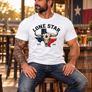 Lone Star T-Shirt – Men's Texas Flag Longhorn Skull Shirt afbeelding 2