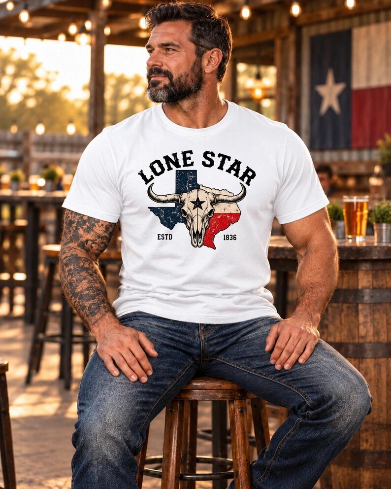 Lone Star T-Shirt – Men's Texas Flag Longhorn Skull Shirt afbeelding 2