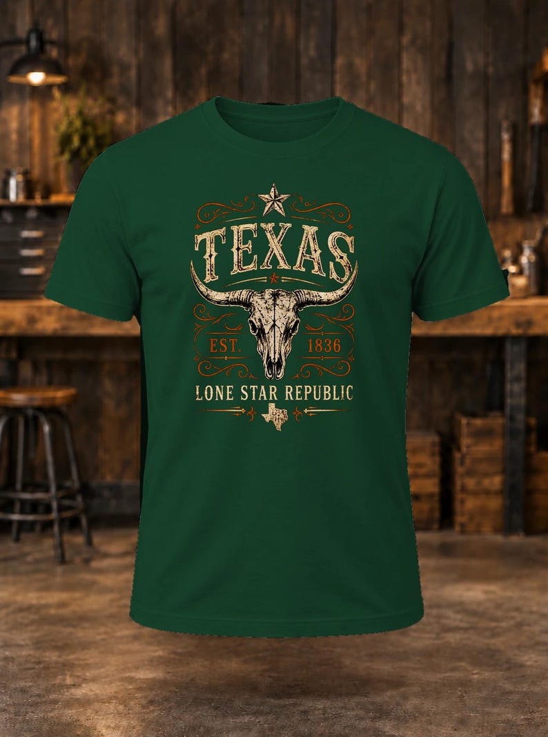 May include: A dark green short-sleeve t-shirt featuring a graphic print of a longhorn skull centred above the text TEXAS, EST. 1836, and LONE STAR REPUBLIC, with a small star icon at the top and a small map of Texas at the bottom.