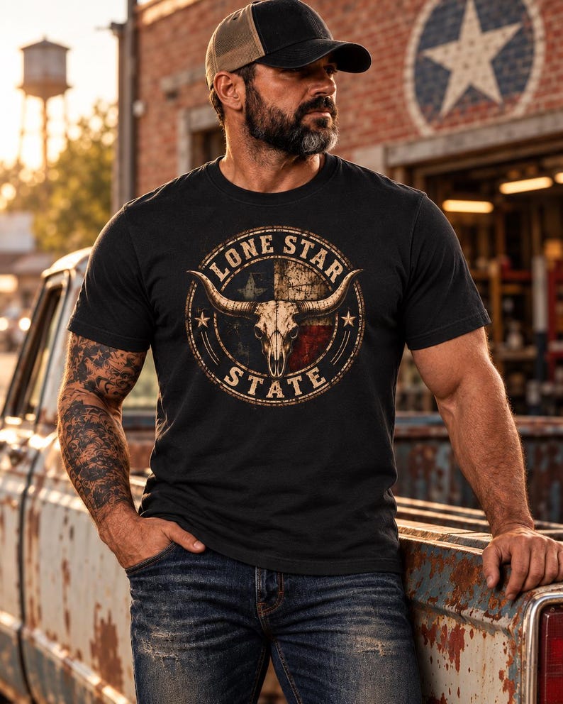 Peut inclure: Un t-shirt noir &agrave; manches courtes avec un motif circulaire sur la poitrine. Le design comprend un cr&acirc;ne de longhorn, le texte LONE STAR STATE et un drapeau du Texas en arri&egrave;re-plan avec deux &eacute;toiles, le tout dans un style vieilli.
