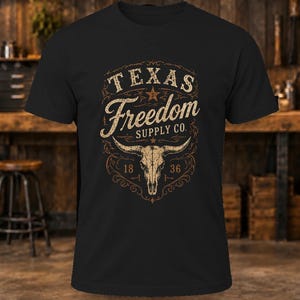 Texas Freedom Supply Co. T-Shirt – Men's Black Longhorn Skull Tee image 1