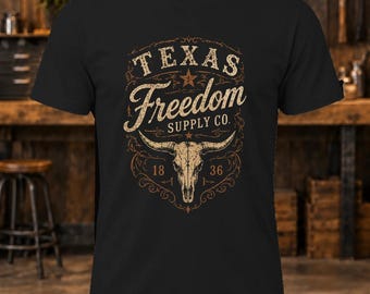 Camiseta Texas Freedom Supply Co. – Camiseta negra para hombre con calavera de cuernos largos