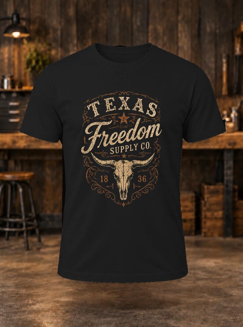 Texas Freedom Supply Co. T-Shirt – Men's Black Longhorn Skull Tee image 1