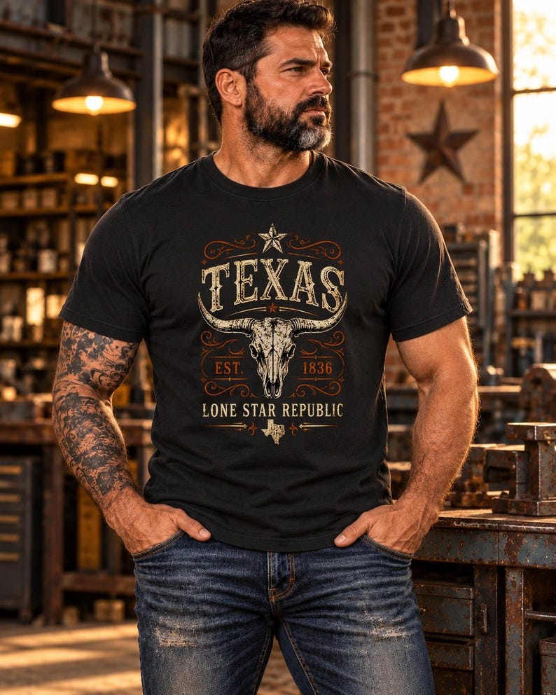 May include: A black short-sleeve t-shirt featuring a graphic print of a longhorn skull, a star, and the text "TEXAS EST. 1836 LONE STAR REPUBLIC" with a small map of Texas. The design is centred on the chest in shades of cream and orange.