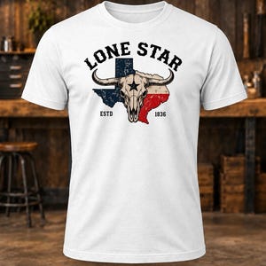 Lone Star T-Shirt – Men's Texas Flag Longhorn Skull Shirt afbeelding 1