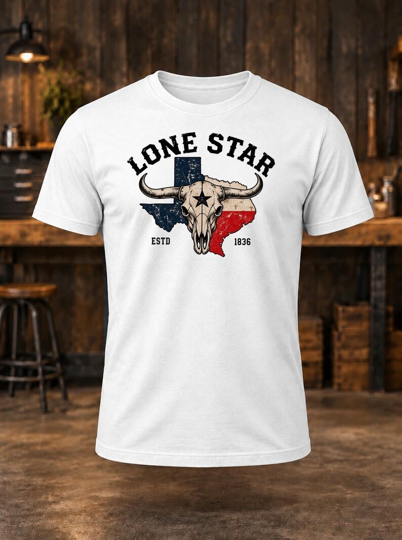 Lone Star T-Shirt – Men's Texas Flag Longhorn Skull Shirt afbeelding 1