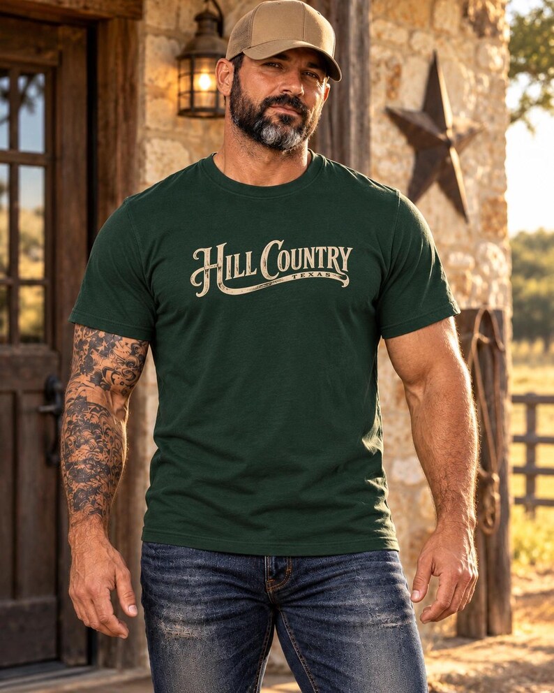 May include: A dark green short-sleeve crew neck t-shirt featuring the text Hill Country Texas printed in a light beige, stylized serif font across the chest. The shirt is paired with dark blue denim jeans and a tan baseball cap.