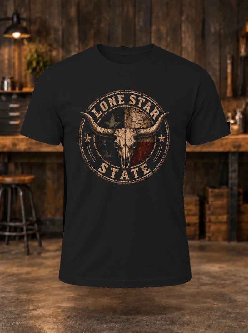 Peut inclure: Un t-shirt noir &agrave; manches courtes avec un motif circulaire sur la poitrine. Le design pr&eacute;sente un cr&acirc;ne de longhorn sur un motif de drapeau du Texas, entour&eacute; du texte LONE STAR STATE et de deux petites &eacute;toiles au style us&eacute;.