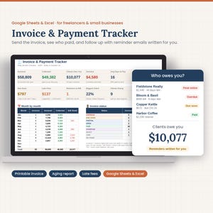 Può includere: Un modello digitale per il monitoraggio di fatture e pagamenti per Google Sheets ed Excel visualizzato su uno schermo di un portatile. L'interfaccia mostra dati finanziari, riepiloghi mensili e lo stato dei pagamenti.