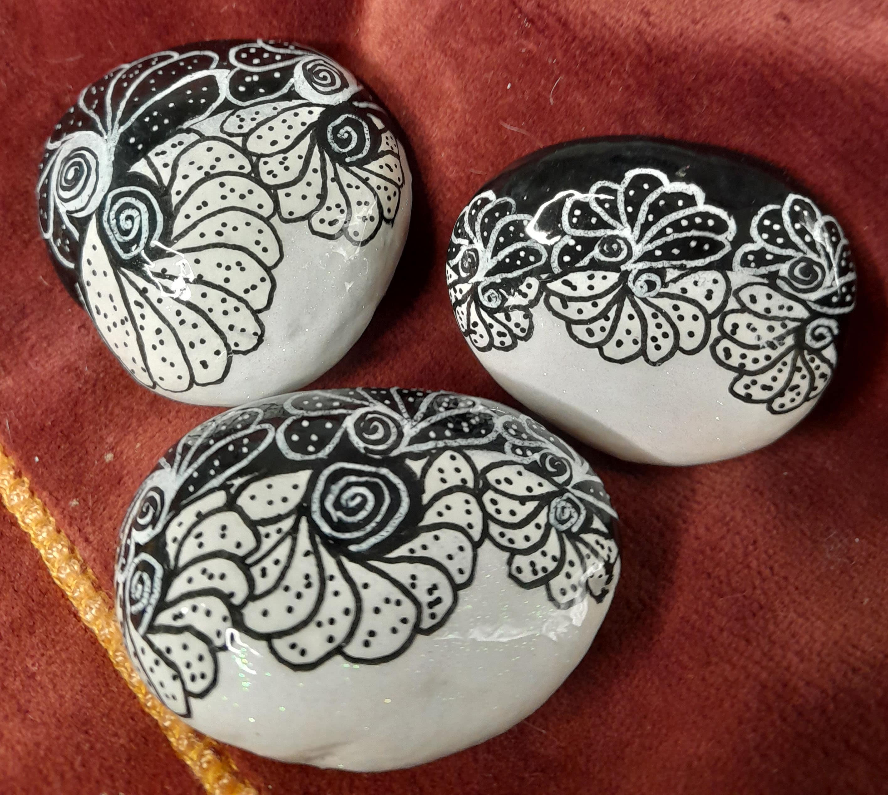 Study of Black and White Painted Rocks Set Sleek Classy Gifts Decor Baskets Collections Garden Shelf Trinkets Kindness