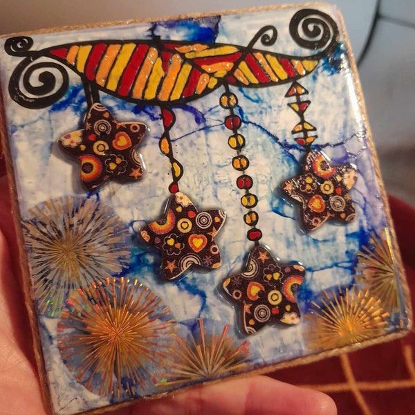 My Lucky Stars Fireworks Mixed Media Handcrafted Painted Ceramic Tile For Hanging Framing Gift Unique Gifts Decor Collections