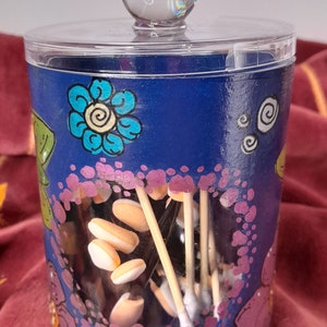 Acylic Apothecary Jar Dry Storage Bathroom Q Tips Makeup Treats Treasures Gifts Hand Painted