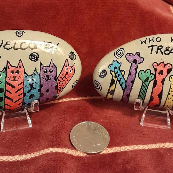 Welcome and Who Wants Treats Cats Themed Kitty  Lover Painted Rocks SET OF 2 Paperweight Desk Decor Gift Baskets Collections Garden Shelf