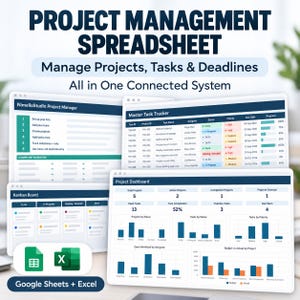 May include: A digital project management spreadsheet system for Google Sheets and Excel. The interface displays a NimelloStudio Project Manager, a Master Task Tracker, a Kanban Board, and a Project Dashboard with various charts, graphs, and data tables for tracking tasks, deadlines, and project progress.
