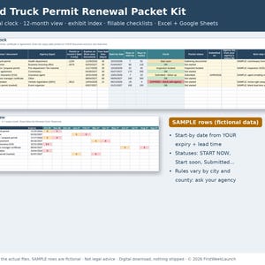 May include: A digital Food Truck Permit Renewal Packet Kit featuring a Renewal Clock spreadsheet, a 12-month view calendar, and sample rows with fictional data. The layout includes columns for permit names, agencies, expiry dates, and status tracking.