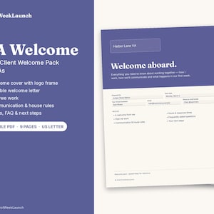 Könnte beinhalten: Eine digitale Dokumentvorlage mit dem Titel VA Welcome New-Client Welcome Pack for VAs. Das violette und cremefarbene Layout enthält ein Deckblatt, einen bearbeitbaren Brief sowie Abschnitte zu Kommunikation, Regeln, Arbeitszeiten und FAQ.