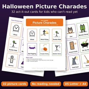 May include: A set of Halloween Picture Charades cards featuring 32 act-it-out illustrations for children. The cards display colorful icons of ghosts, witches, zombies, bats, pumpkins, skeletons, owls, monsters, and cauldrons with text labels.