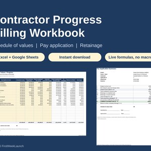 Puede incluir: Una plantilla digital de libro de trabajo para facturación de progreso de contratistas con un cronograma de valores y resumen de solicitud de pago. Incluye columnas para descripción del trabajo, valores programados y retenciones para Excel y Google Sheets.