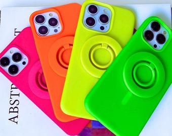 Neon MagSafe Ring Grip with Matching Silicone Premium iPhone Case with MagSafe. Available in Neon Pink, Neon Green, Neon Orange, Neon Yellow