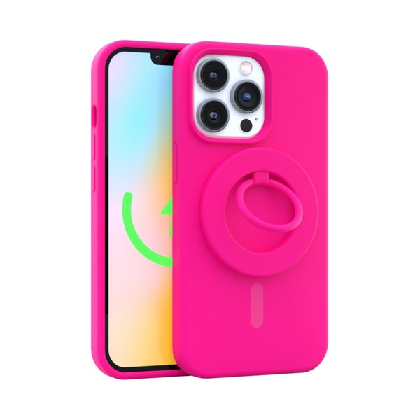 Neon Pink MagSafe iPhone Ring Grip and Stand for iPhone 15, iPhone 14, iPhone 13, and iPhone 12 Soft Touch MagSafe Phone Grip to stop drops!