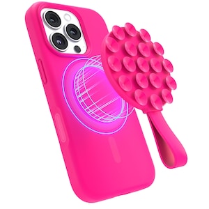 May include: A vibrant pink phone case with a matching pink suction cup grip. The phone case has a magnetic charging circle design. The suction cup grip has a loop for holding. The phone case and grip are made of a smooth, matte material.