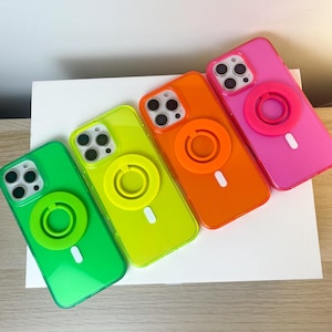 Capas Clear Neon e MagSafe Ring Grip & Stand Rosa Verde Laranja Roxo Azul Capa Transparente para iPhone 16 iPhone 15 iPhone 14 iPhone 13 Pro Max