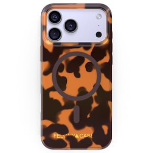 May include: A phone case featuring a tortoiseshell design in brown and orange hues. The case has a clear edge and a dark brown circular design on the back. The brand name "FELONY CASE" is printed at the bottom.