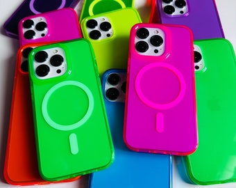 BRIGHT! MagSafe Neon Pink Green Orange Purple Blue Clear Case for iPhone 16 iPhone 15, iPhone 14 iPhone 13 Pro Max iPhone 12 14 Pro Max Case