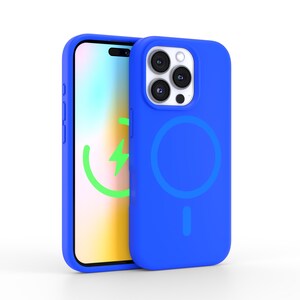 May include: A blue phone case with a built-in magnetic ring for wireless charging. The case has a clear back to show the phone's design.